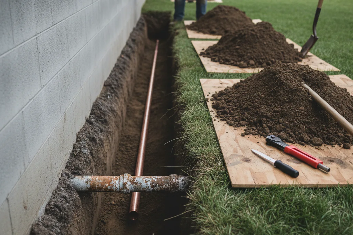 Excavated water line trench during Water Softener Installation in McIntyre